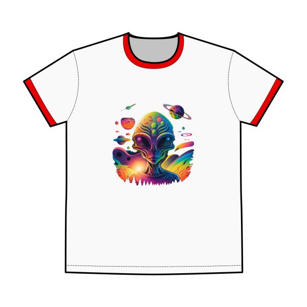 Colorful Alien Ringer Tee - Retro Graphic T-Shirt for Men, Funky Casual Wear, Sci-Fi Gift, Music Festival Outfit, Summer Wardrobe Staple