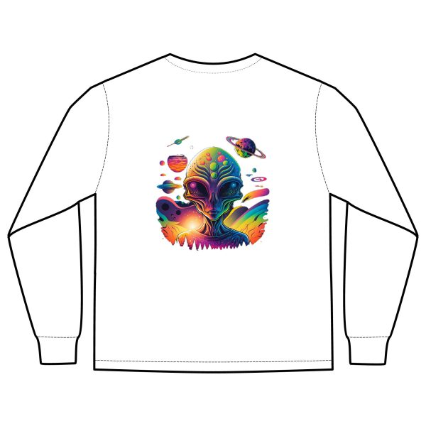 Vibrant Alien Graphic Long Sleeve T-Shirt, Unisex Long Sleeve Tee, Pocket Shirt for Sci-Fi Lovers, Casual Wear, Gift - Image 2