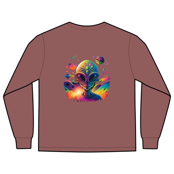 Vibrant Alien Graphic Long Sleeve T-Shirt, Unisex Long Sleeve Tee, Pocket Shirt for Sci-Fi Lovers, Casual Wear, Gift - Image 4