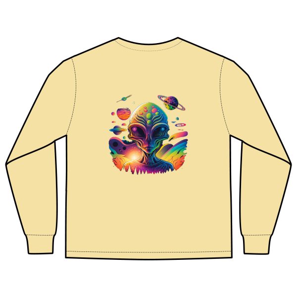Vibrant Alien Graphic Long Sleeve T-Shirt, Unisex Long Sleeve Tee, Pocket Shirt for Sci-Fi Lovers, Casual Wear, Gift - Image 6
