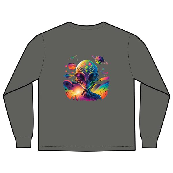 Vibrant Alien Graphic Long Sleeve T-Shirt, Unisex Long Sleeve Tee, Pocket Shirt for Sci-Fi Lovers, Casual Wear, Gift - Image 8