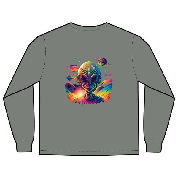 Vibrant Alien Graphic Long Sleeve T-Shirt, Unisex Long Sleeve Tee, Pocket Shirt for Sci-Fi Lovers, Casual Wear, Gift - Image 10