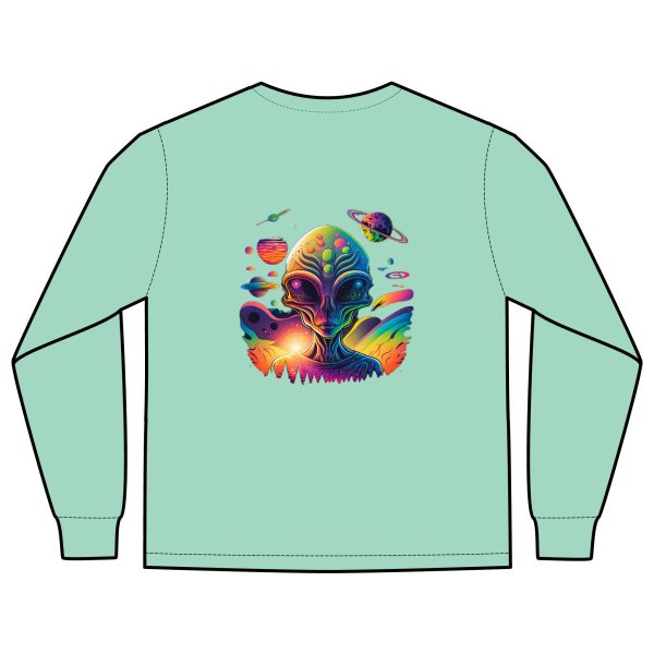Vibrant Alien Graphic Long Sleeve T-Shirt, Unisex Long Sleeve Tee, Pocket Shirt for Sci-Fi Lovers, Casual Wear, Gift - Image 12