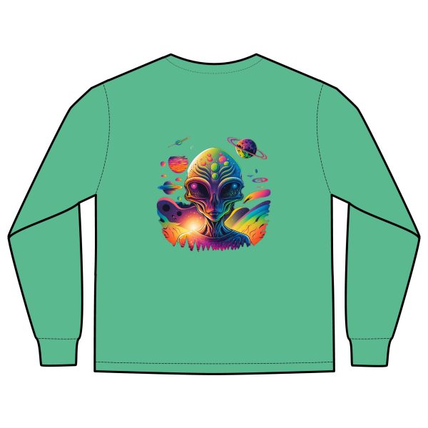 Vibrant Alien Graphic Long Sleeve T-Shirt, Unisex Long Sleeve Tee, Pocket Shirt for Sci-Fi Lovers, Casual Wear, Gift - Image 14