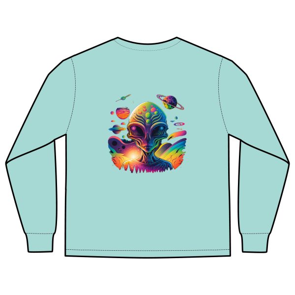 Vibrant Alien Graphic Long Sleeve T-Shirt, Unisex Long Sleeve Tee, Pocket Shirt for Sci-Fi Lovers, Casual Wear, Gift - Image 16