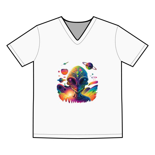 Vibrant Alien V Neck Tee - Men's Graphic T-Shirt, Space Lover Gift, Cool Casual Wear, Unique Everyday Tee, Quirky Alien Art