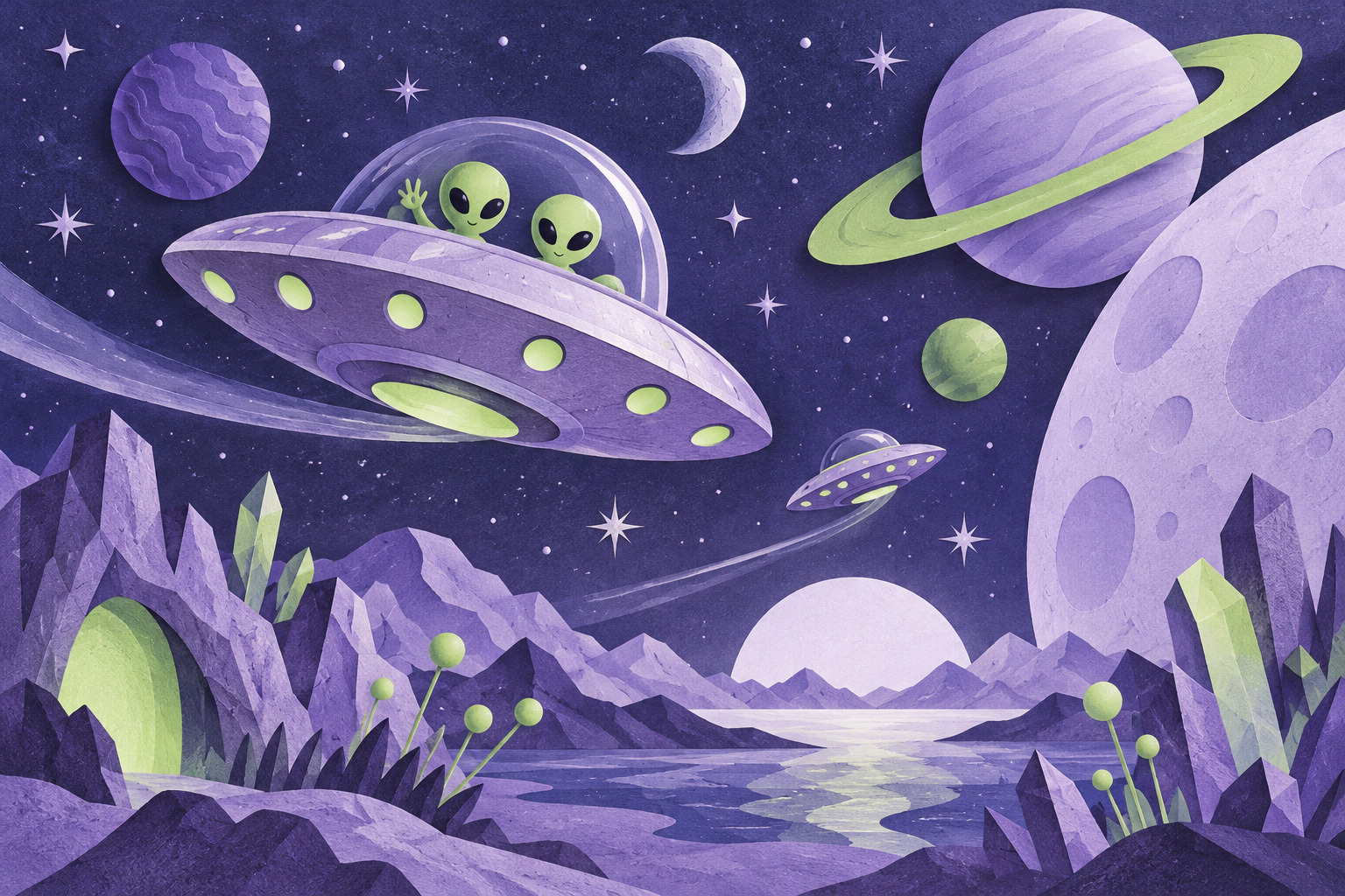 playful retro flying saucers and colourful planets, lilac indigo and lime, polished paper cut cosmic illustration, no text
